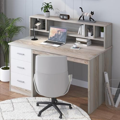 MaverickFurni Home Office Desk with Drawers, 46" Small Desk for Bedroom, Computer Desk with Hutch and Drawers, Study Desk with Storage, White and Walnut - color: White and Walnut