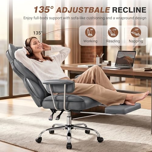 ALLGOD Big and Tall Office Chair 400LBS, Executive Ergonomic Leather Chair with Footrest, Wide Seat Gaming Office Chair with Pocket Spring Cushion, Reclining High Back Computer Desk Chair, Grey - color: Grey, size: 1 Pack