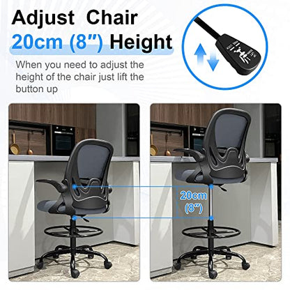 Primy Drafting Chair Tall Office Chair with Flip-up Armrests Executive Ergonomic Computer Standing Desk Chair with Lumbar Support and Adjustable Footrest Ring（Dark Gray） - color: Dark Gray, size: 934-Z