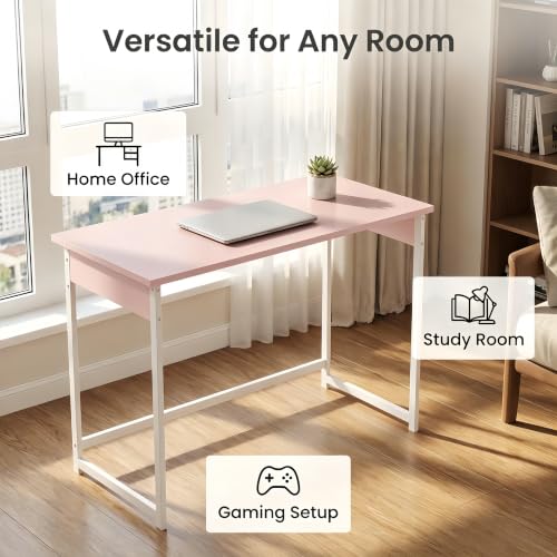 ALISENED Home Office Desk, Sturdy and Stable Computer Desk, 43.3 Inch Computer Desk, Office Desk with Metal Frame, Study Table for Home Bedroom, Pink - color: Pink, size: W-43.3in