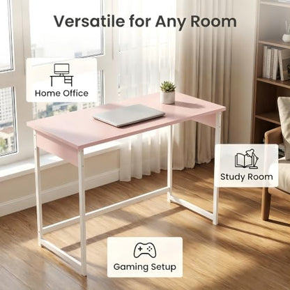 ALISENED Home Office Desk, Sturdy and Stable Computer Desk, 43.3 Inch Computer Desk, Office Desk with Metal Frame, Study Table for Home Bedroom, Pink - color: Pink, size: W-43.3in