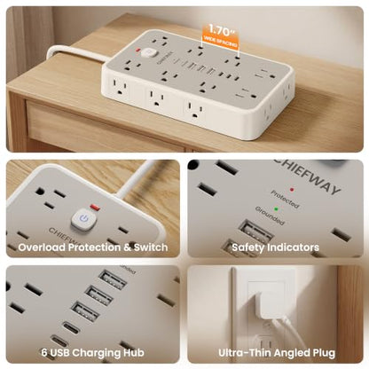 15 FT Surge Protector Power Strip with 6 USB, 16 Outlets, 2400J - color: White / Gray, size: 15 FT