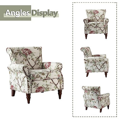 HULALA HOME Traditional Floral Accent Chair with Wood Legs, Black | Comfy Upholstered Armchair Reading Chair with Rolled Armrests, Nailhead Trim, Removable Cushion, for Living Room Bedroom - color: Floral