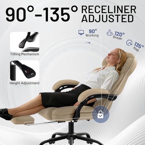 Ergonomic Office Chair with Footrest,PU Leather Executive Desk Chair Padded Linkage Armrests,Lumbar Support,Swivel Computer Chair for Home Office & Gaming,Khaki - color: Khaki
