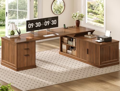 SEDETA Fluted 70.9" L Shaped Desk with Drawers, Fluted Brown | Home Office Desk with Storage Cabinet and Storage Shelves,L Shaped Computer Desk with Power Outlet - color: Fluted Brown, size: 70.9" L Shaped Desk