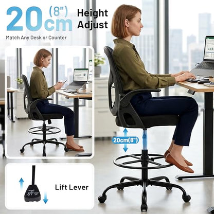 Drafting Chair for Standing Desk, Tall Office Chair with 22"-30" Seat Height &7" Lift Footrest Ring, Ergonomic Executive Mesh Computer Counter Stool with Lumbar Support &Flip-up Arms for Artist - color: Black