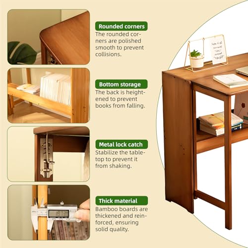 32.68" Space Saver Transformer Desk, Skinny Mid Century Modern Writing Table, Bamboo Foldable Study Table for Small Spaces, Compact Computer Desk for Bedroom Home Office Dorm Apartment (Walnut)