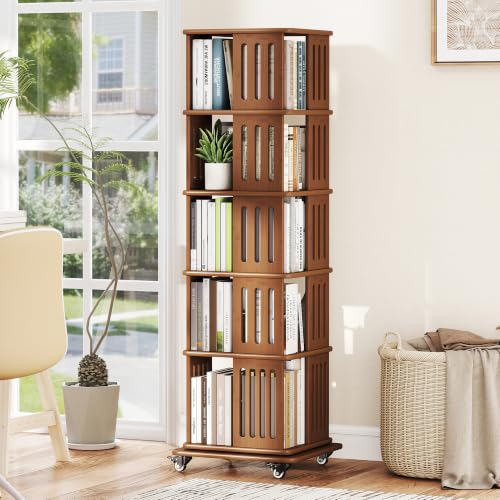 Baoz 60" Tall Rotating Bookshelf Tower, 5 Tier Walnut Spinning Bookcase