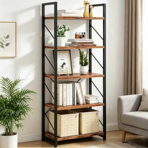 JAMFLY 5 Tier Bookshelf, Classical Modern Industrial Bookcase, Metal Frame Storage Organizer with Sidebars, Multipurpose Display Shelves for Living Room Bedroom Home Office, Vintage Brown - color: Vintage Brown