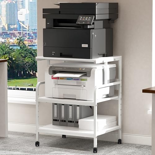 Arbuxzuy Large Printer Stand with Storage Shelf, 23.6" W x 18.9" D Printer Cart with Wheels, 3 Tier Mobile Printer Table for Home Office,Stands for Heat Press Scanner Fax (White) - color: White, size: Large(23.6x18.9x29.5in)