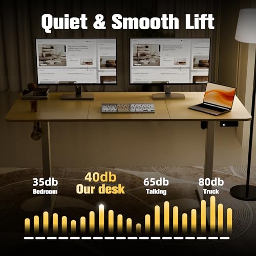 55"x24" Standing Desk, Adjustable Sit-Stand Home Office, Oak | Electric Adjustable Standing Desk, Sit to Stand Computer Office Desk with Splice Board, Memory Preset, Lifts 28''-46.5" - color: White Frame-gold Oak, size: 55-inch
