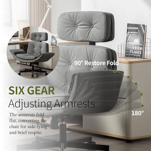 Criss Cross Chair with Wheels & Adjustable Armrests, High Back PU Leather Executive Desk Chair for Home Office, Comfy Cross Legged Wide Computer Task Chair, Gray - color: Grey