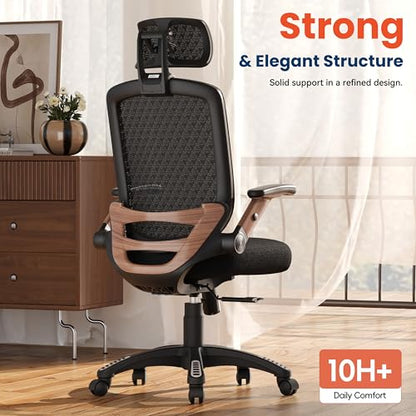 GABRYLLY Ergonomic Office Chair, High Back Home Desk Chair with Flip-Up Arms, 3D Headrest, Thick Sponge Seat &90-120° Recline, Big and Tall Mesh Executive Chairs for Man Woman, Black Woodgrain - color: Black Woodgrain