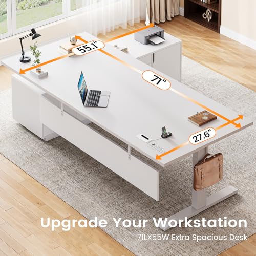 SEDETA 71" Executive Large L Shaped Electric Standing Desk, White | Height Adjustable Executive Desk with 3 Drawers and Cabinet,Sit Stand Up Home Office Desk with Power Outlets & Side Hook - color: White
