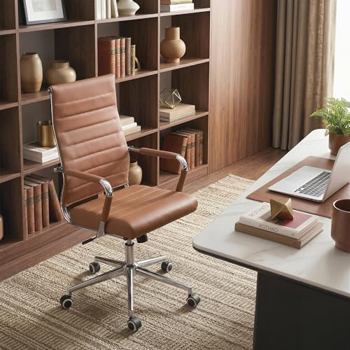 Okeysen Office Desk Chair, Ergonomic Leather Modern Conference Room Chairs, Executive Ribbed Height Adjustable Swivel Rolling Chair for Home Office. (Brown) - color: Brown