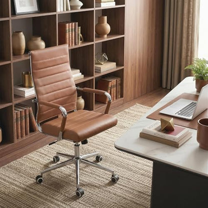 Okeysen Office Desk Chair, Ergonomic Leather Modern Conference Room Chairs, Executive Ribbed Height Adjustable Swivel Rolling Chair for Home Office. (Brown) - color: Brown