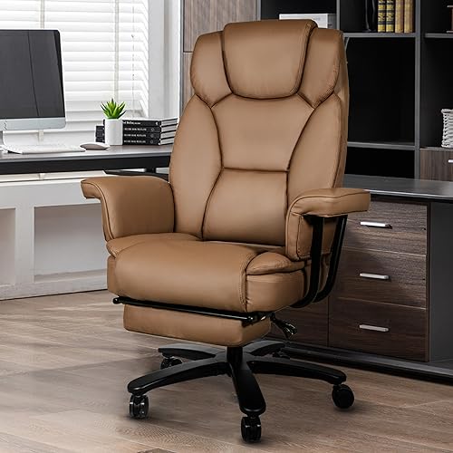 Reclining Office Chair with Footrest, Big and Tall High Back Home Office Desk Chairs 400lbs with Criss Cross Wide Seat, Heavy Duty Base, Pu Leather, Brown - color: Brown