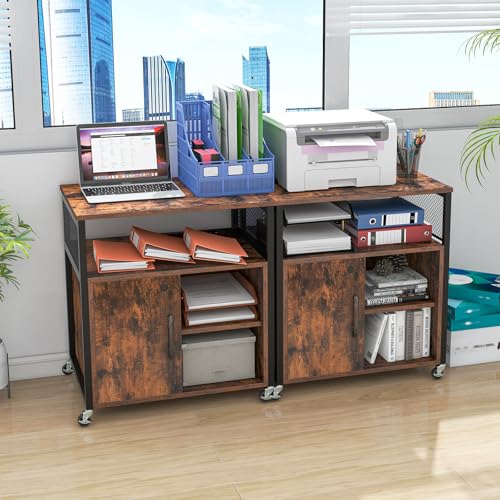 Rolling File Cabinet, Printer Stand with Charging Station (Brown) | Mobile Lateral Filing Cabinet | Adjustable Shelf & Metal Frame | Lockable Wheels | For Home Office & Small Space - color: Brown