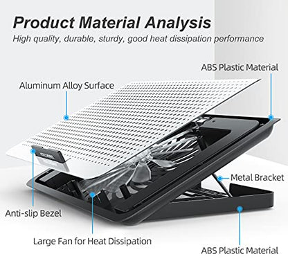 ICE COOREL Aluminum Laptop Cooling Pad, Laptop Cooler Stand with 7 Height Adjustable, Laptop Fan Cooling Pad for Laptop 12-15.6 Inch, Notebook Cooler Pad with Two USB Port (Silver)