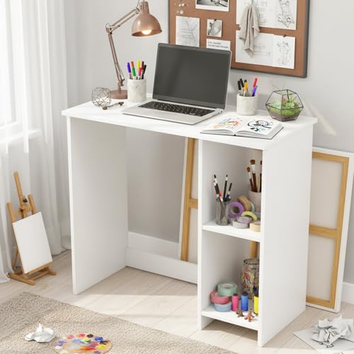 Tangkula Small White Desk with Shelves, Compact Desk for Small Space, Study Writing Table with 2 Tier Shelves, Modern Simple Style Laptop PC Table, White