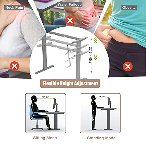 Sit to Stand Workstation Frame, Manual Height Adjustable Standing Desk Frame w/ Foldable Hand Crank, Cable Tray & Hanging Hook, Adjustable Footpads, Ergonomic Desk Frame for Home Office, Black (GREY) - color: Grey