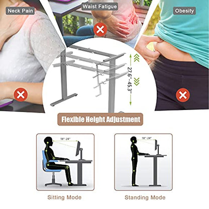 Sit to Stand Workstation Frame, Manual Height Adjustable Standing Desk Frame w/ Foldable Hand Crank, Cable Tray & Hanging Hook, Adjustable Footpads, Ergonomic Desk Frame for Home Office, Black (GREY) - color: Grey