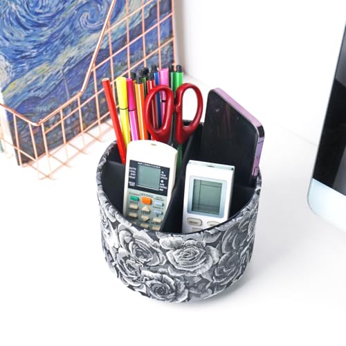 Round Leather Art Supply Organizer,Remote Control Holder,360 Degree Rotating,Multi-Functional Pencil Holder,4 Compartments Desktop Stationary Organizer(1-3D Black Grey) - color: 1-3D Black Grey