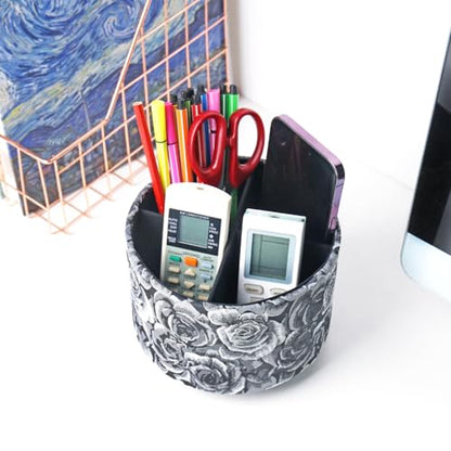 Round Leather Art Supply Organizer,Remote Control Holder,360 Degree Rotating,Multi-Functional Pencil Holder,4 Compartments Desktop Stationary Organizer(1-3D Black Grey) - color: 1-3D Black Grey