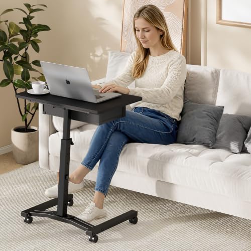 Rolling Adjustable Height Standing Desk With Drawers, Small Mobile Laptop Desk Cart On Wheels For Small Spaces Home Office, Portable Sitting Laptop Table For Bed Couch Load Up To 60LBS, Sturdy, Black - color: Black