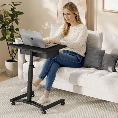Rolling Adjustable Height Standing Desk With Drawers, Small Mobile Laptop Desk Cart On Wheels For Small Spaces Home Office, Portable Sitting Laptop Table For Bed Couch Load Up To 60LBS, Sturdy, Black - color: Black