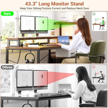 Aheaplus Gaming Desk with LED Strip & Power Outlet, 59Inch Reversible Computer Desk with Monitor Stand & Storage Shelves, Home Office Desks with Fabric File Drawer, Gamer Table PC Desk, Rustic Brown - color: Rustic Brown