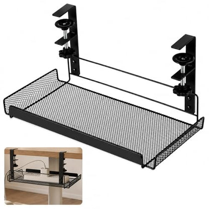Under Desk Cable Management Tray, No Drill Under Desk Shelf | Black Metal Mesh Wire Organizer with Clamp for 0.4-1.8 in Table for Power Strips and Cord Storage in Home Office