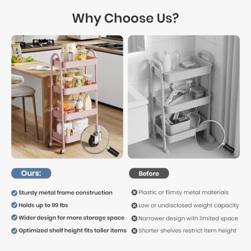 DUMOS 4 Tiers Rolling Utility Cart, Storage Organizer, Shelving Unit | Metal, Lockable Wheels, Mobile, Kitchen, Bathroom, Laundry, Narrow Places, Pink - color: 4-tier Cute Pink