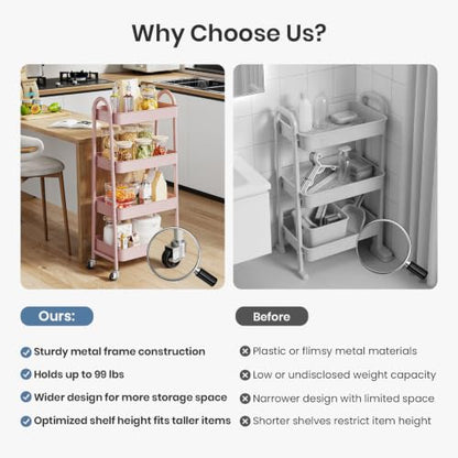 DUMOS 4 Tiers Rolling Utility Cart, Storage Organizer, Shelving Unit | Metal, Lockable Wheels, Mobile, Kitchen, Bathroom, Laundry, Narrow Places, Pink - color: 4-tier Cute Pink
