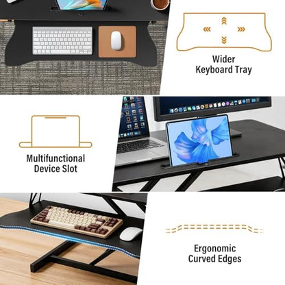 37 Inch Standing Desk Converter, Height Adjustable Desktop Standing Desk, Stand Up Riser Compatibles with 2 Computer, Stand Up Converter Laptop Workstation to 18.8" Tall, Black - color: Black