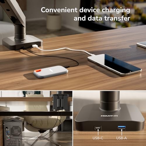 Mount-It! Dual Monitor Mount with Crossbar, Gas Spring Desk Mount for 2 Monitors 17–32", Holds 19.8 lbs Each, Full Motion Tilt Swivel Rotate, VESA 75x75 100x100, USB 3.0 & USB-C, Clamp or Grommet