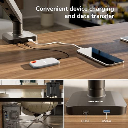 Mount-It! Dual Monitor Mount with Crossbar, Gas Spring Desk Mount for 2 Monitors 17–32", Holds 19.8 lbs Each, Full Motion Tilt Swivel Rotate, VESA 75x75 100x100, USB 3.0 & USB-C, Clamp or Grommet