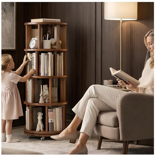 Solid Wood Rotating Round Bookshelf Towers with Wheels,Brown Revolving Bookcase 4 Tier 360° Wooden Book Shelf tall bookshelves, Narrow Rolling dvd Storage Rack,book storage,space saving(walnut - color: Walnut, size: 4 Tier, 53.2"H