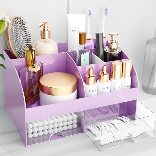Makeup Organizer with Drawers, Cosmetic Storage for Dresser Vanity and Bathroom Countertop, Beauty Holder for Lipstick Brush, Skincare Organizer for Vanity, Cosmetic Display Case (Purple) - color: Purple