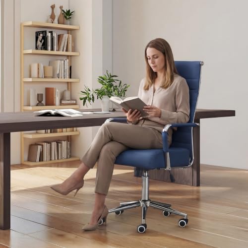 JOMEED Office Desk Chair,Conference Room Chair,High Back PU Leather Swivel | Modern Executive Ribbed Design, Ergonomic, Height Adjustable, Wheels and Arms, for Home Office(Blue-Silver Frame) - color: Blue