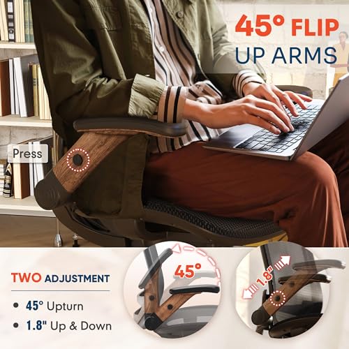 GABRYLLY Ergonomic Office Chair, High Back Home Desk Chair with Headrest, Flip-Up Arms, 90-120° Tilt Lock and Wide Cushion, Big and Tall Mesh Chairs for Man Woman, Black Task Chair(Dark Woodgrain) - color: Black Frame Dark Woodgrain