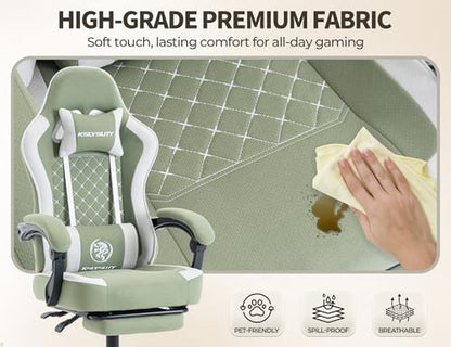 Office Desk Computer Gaming Chair for Adults, Ergonomic High Back Gamer Chair with Massage and Pocket Spring Cushion, Swivel Comfy Video Game Chairs with Footrest and Lumbar Support (Green White) - color: Base Green Fabric