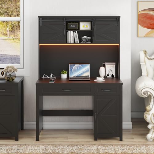 Halitaa Farmhouse 47" Computer Desk with Hutch, Workstation, Pure Black | Home Office Desk, Executive Desk, 2 Drawers, LED Light, Storage Cabinet, Charging Hub, Workstation for Home Office and Study - color: Pure Black, size: Right Cabinet 2-Drawer