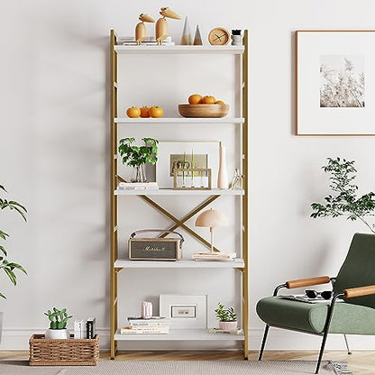 Vongrasig 5 Tier Metal Bookshelf, Narrow Industrial Bookcase, White+Gold - color: White Gold