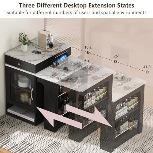 59.5 Inch Kitchen Island with Extendable Dining Table, Black | Black finish, MDF and particle board, kitchen or dining room, extendable table, 2 drawers, glass door, outlet, 59.5 in L - color: Black + Faux Marble Table + Particle Board+mdf
