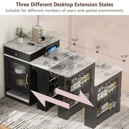 59.5 Inch Kitchen Island with Extendable Dining Table, Black | Black finish, MDF and particle board, kitchen or dining room, extendable table, 2 drawers, glass door, outlet, 59.5 in L - color: Black + Faux Marble Table + Particle Board+mdf