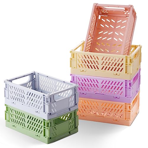 HUUSMOT 6-Pack Collapsible Small Plastic Storage Baskets, 5.9"x3.8"x2.2" - color: Yellow, Orange, Purple, Cherry Pink, Light Blue, Green, size: Small:5.9" x 3.8" x 2.2" (6-Pack)