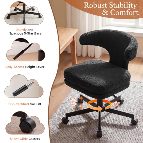 GTPLAYER Swivel Office Desk Chair with Wheels, Adjustable Height Vanity Chair with Back Support, Comfy Rolling Stool for Home Office, Bedroom & Makeup Vanity, Sweet Gift for Girls and Women - color: Pure Black