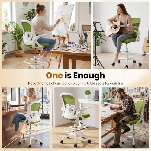 Primy Drafting Chair Tall Office Chair with Flip-up Armrests Executive Ergonomic Computer Standing Desk Chair with Lumbar Support and Adjustable Footrest Ring (AvocadoGreen) - color: Avocado Green, size: 934-Z