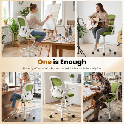 Primy Drafting Chair Tall Office Chair with Flip-up Armrests Executive Ergonomic Computer Standing Desk Chair with Lumbar Support and Adjustable Footrest Ring (AvocadoGreen) - color: Avocado Green, size: 934-Z